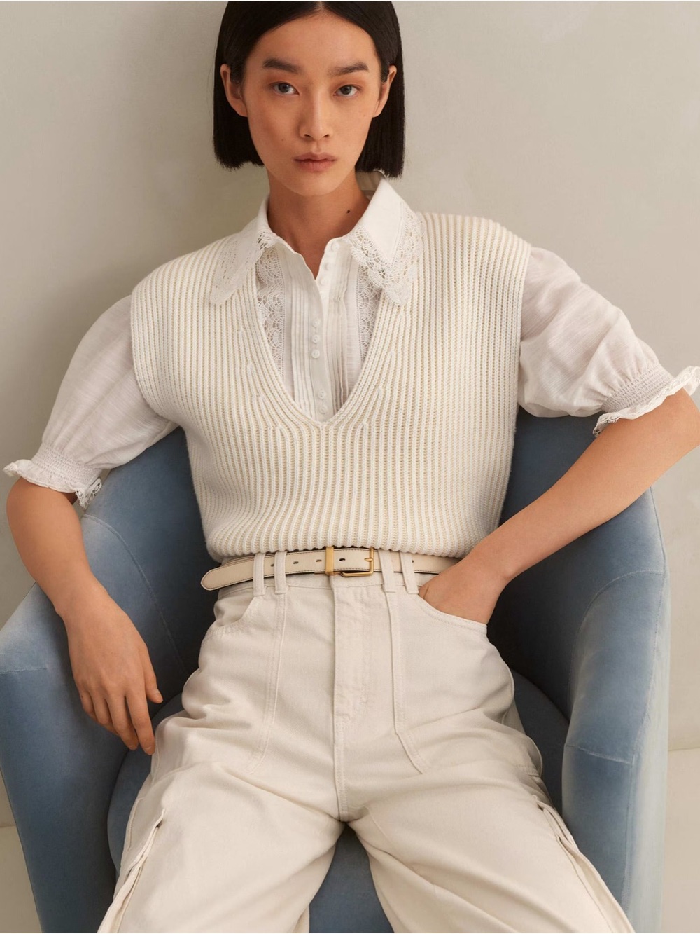 ME+EM Sweater Vest Soft-Touch Rib Cotton Knit Ecru White